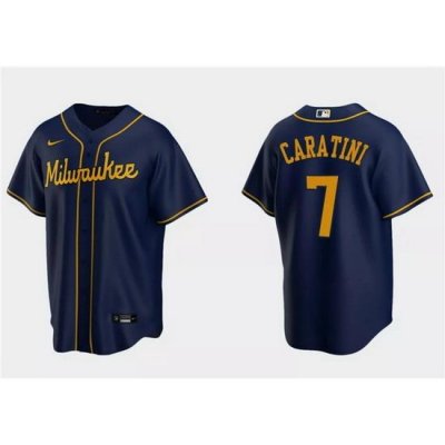 Men Milwaukee Brewers 7 Victor Caratini Navy Cool Base Stitched Jersey