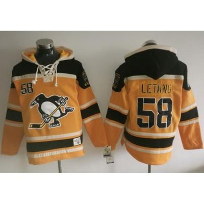 Men Pittsburgh Penguins 58 Kris Letang Gold Sawyer Hooded Sweatshirt Stitched NHL Jersey