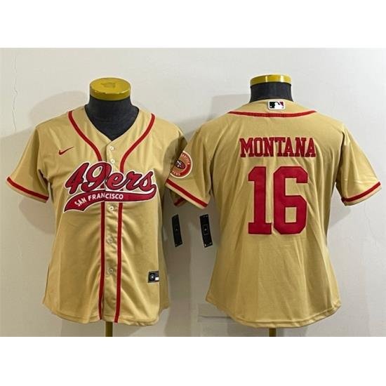 Women San Francisco 49ers 16 Joe Montana Gold With Patch Cool Base Stitched Baseball Jersey