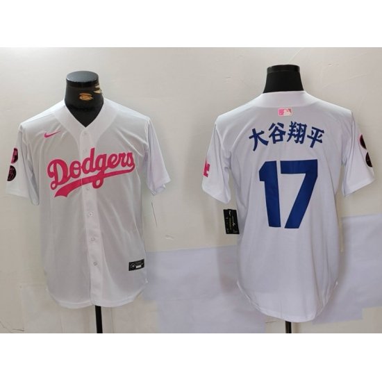 Men Los Angeles Dodgers 17  Shohei Ohtani White Pink Vin  26 Kobe Patch Stitched Baseball Jersey 3