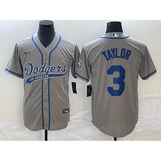 Men's Los Angeles Dodgers #3 Chris Taylor Grey With Patch Cool Base Stitched Baseball Jersey1