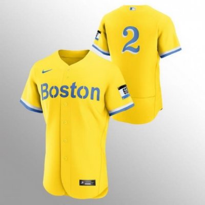 Men Boston Red Sox 2 Xander Bogaerts Men Nike 2021 City Connect Gold Authentic MLB Jersey   No Name