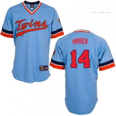 Mens Majestic Minnesota Twins 14 Kent Hrbek Authentic Light Blue Cooperstown Throwback MLB Jersey