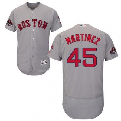 Mens Majestic Boston Red Sox 45 Pedro Martinez Grey Road Flex Base Authentic Collection 2018 World Series Jersey