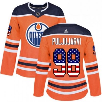 Womens Adidas Edmonton Oilers 98 Jesse Puljujarvi Authentic Orange USA Flag Fashion NHL Jersey