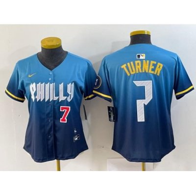 Women Philadelphia Phillies 7 Trea Turner Blue 2024 City Connect Limited Stitched Jersey 4