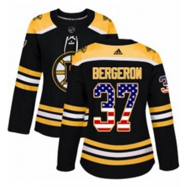 Womens Adidas Boston Bruins 37 Patrice Bergeron Authentic Black USA Flag Fashion NHL Jersey