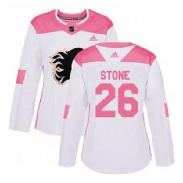 Womens Adidas Calgary Flames 26 Michael Stone Authentic WhitePink Fashion NHL Jersey