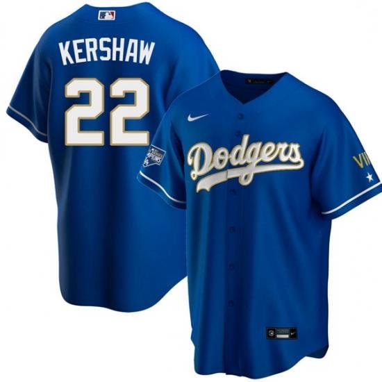 Men Los Angeles Dodgers Clayton KershaW 22 Championship Gold Trim Blue Limited All Stitched Cool Base Jersey