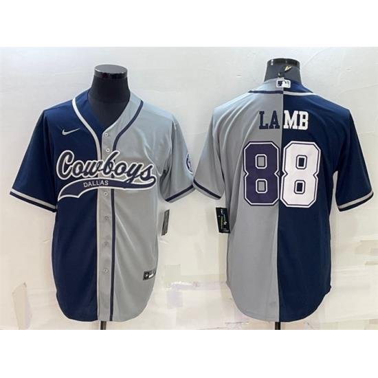 Men Dallas Cowboys 88 CeeDee Lamb Navy Grey Split With Patch Cool Base Stitched Baseball Jersey