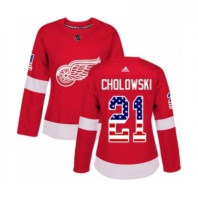 Womens Adidas Detroit Red Wings 21 Dennis Cholowski Authentic Red USA Flag Fashion NHL Jersey