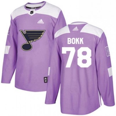 Mens Adidas St Louis Blues 78 Dominik Bokk Authentic Purple Fights Cancer Practice NHL Jersey