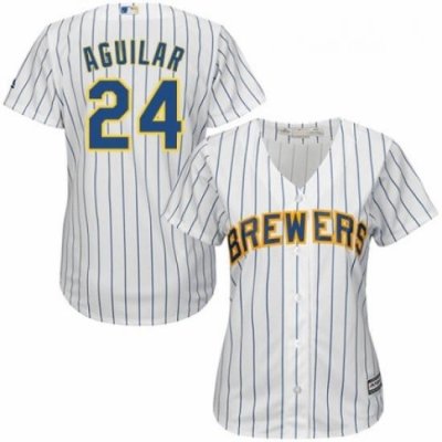 Womens Majestic Milwaukee Brewers 24 Jesus Aguilar Authentic White Home Cool Base MLB Jersey