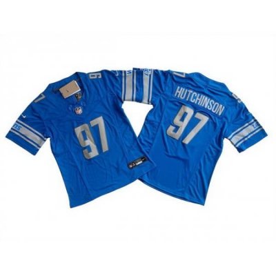 Women Detroit Lions 97 Aidan Hutchinson Blue 2023 F U S E  Vapor Limited Stitched Football Jersey