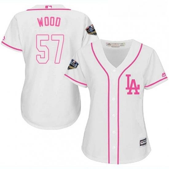 Womens Majestic Los Angeles Dodgers 57 Alex Wood Authentic White Fashion Cool Base 2018 World Series MLB Jersey