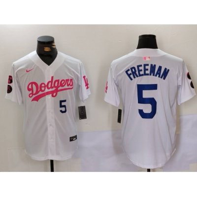 Men Los Angeles Dodgers 5 Freddie Freeman White Pink Vin  26 Kobe Patch Stitched Baseball Jersey1