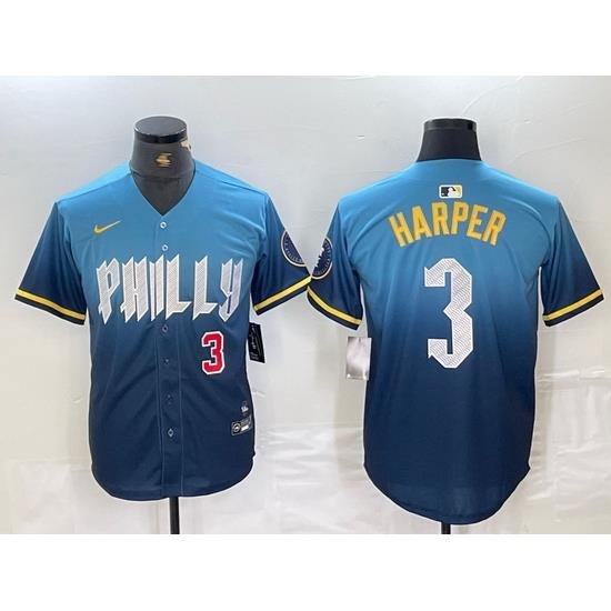 Men Philadelphia Phillies 3 Bryce Harper Blue 2024 City Connect Limited Stitched Jersey 6