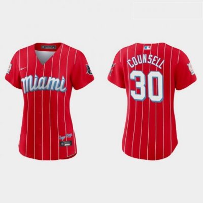 Miami Marlins 30 Craig Counsell Women Nike 2021 City Connect Authentic MLB Jersey Red