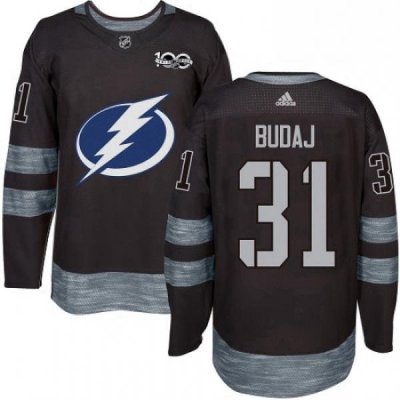 Mens Adidas Tampa Bay Lightning 31 Peter Budaj Authentic Black 1917 2017 100th Anniversary NHL Jersey