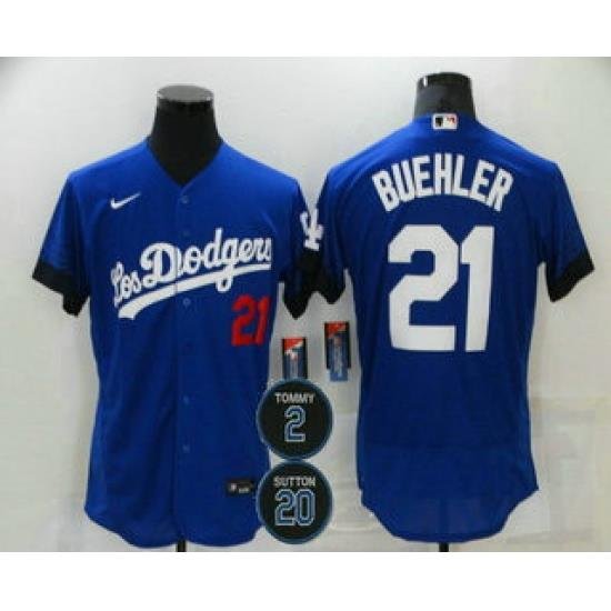 Men Los Angeles Dodgers 21 Walker Buehler Blue 2 20 Patch City Connect Flex Base Stitched Jersey