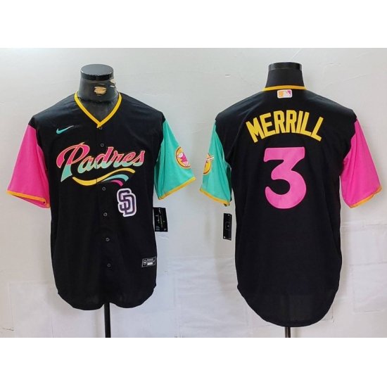 Men San Diego Padres 3 Jackson Merrill Black City Connect Cool Base Stitched Baseball Jersey 3