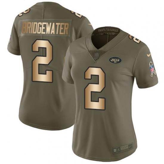 Nike Jets #2 Teddy Bridgewater Olive Gold Womens Stitched NFL Limited 2017 Salute to Service Jersey