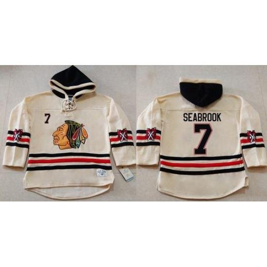 Men Chicago Blackhawks 7 Brent Seabrook Cream Heavyweight Pullover Hoodie Stitched NHL Jersey