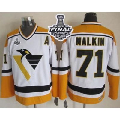 Penguins #71 Evgeni Malkin White Yellow CCM Throwback 2017 Stanley Cup Final Patch Stitched NHL Jersey