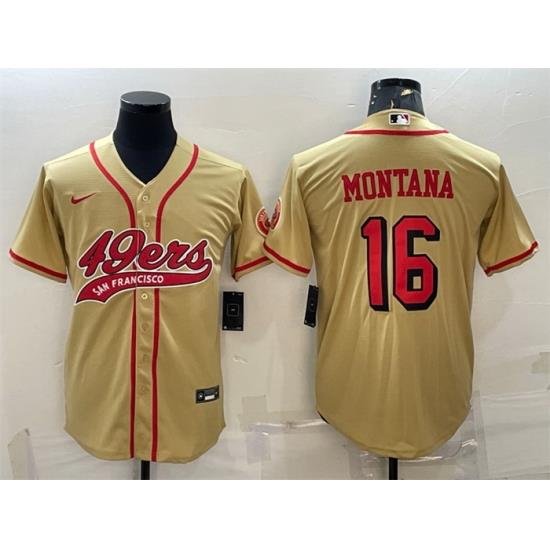 Men San Francisco 49ers 16 Joe Montana New Gold With Patch Cool Base Stitched Baseball Jersey