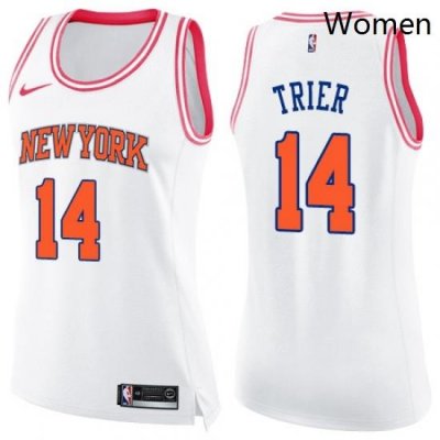 Womens Nike New York Knicks 14 Allonzo Trier Swingman White Pink Fashion NBA Jersey