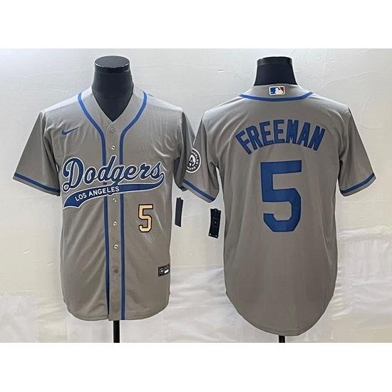 Men's Los Angeles Dodgers #5 Freddie Freeman Number Grey Cool Base Stitched Baseball Jersey