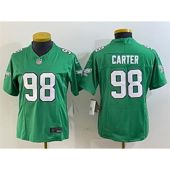 Women Philadelphia Eagles 98 Jalen Carter Green 2023 F U S E  Stitched Football Jersey  Run Small