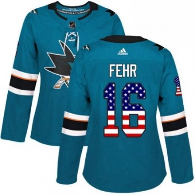 Womens Adidas San Jose Sharks 16 Eric Fehr Authentic Teal Green USA Flag Fashion NHL Jersey