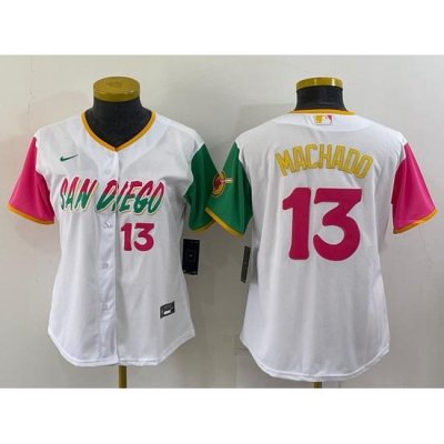 Women San Diego Padres 13 Manny Machado 2022 White City Connect Cool Base Stitched Baseball Jersey