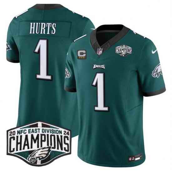 Men Philadelphia Eagles 1 Jalen Hurts Green 2024 NFC East Champions With 3 Star C Patch F U S E  Vapor Untouchable Limited Stitched Football Jersey