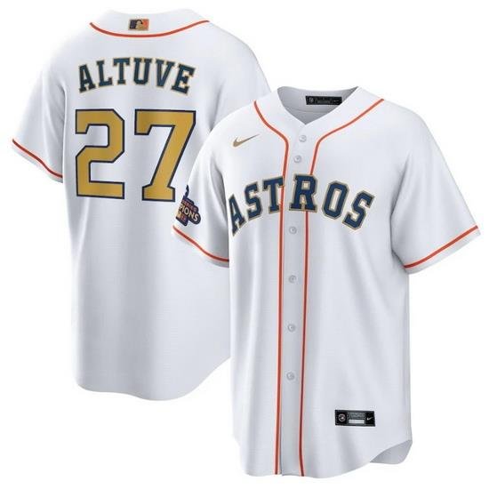 Men Houston Astros 27 Jose Altuve White 2023 Gold Collection With World Serise Champions Patch Cool Base Stitched Baseball Jersey