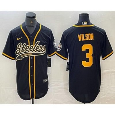 Men Pittsburgh Steelers 3 Russell Wilson Black With Patch Cool Base Stitched Baseball Jersey