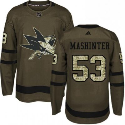 Mens Adidas San Jose Sharks 53 Brandon Mashinter Authentic Green Salute to Service NHL Jersey