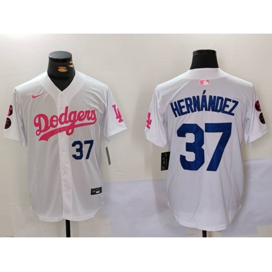 Men Los Angeles Dodgers 37 Teoscar Hernandez White Pink Vin  26 Kobe Patch Stitched Baseball Jersey 1