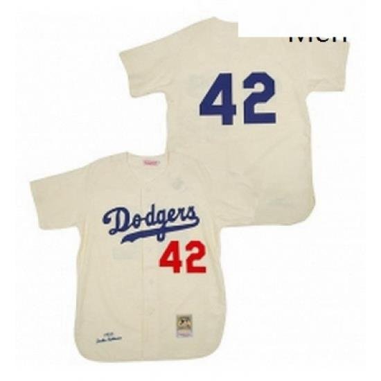 Mens Mitchell and Ness Los Angeles Dodgers 42 Jackie Robinson Replica Cream Throwback MLB Jersey