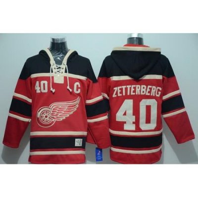 Men Detroit Red Wings 40 Henrik Zetterberg Red Sawyer Hooded Sweatshirt Stitched NHL Jersey