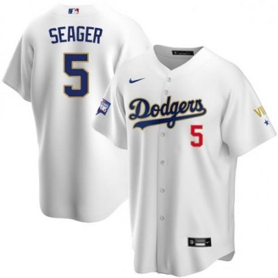 Women Los Angeles Dodgers Corey Seager 5 Championship Gold Trim White Limited All Stitched Flex Base Jersey