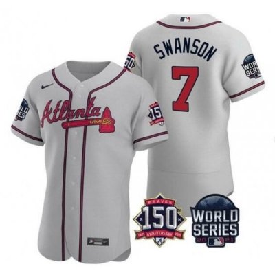 Men Atlanta Braves 7 Dansby SWanson 2021 Gray World Series With 150th Anniversary Patch Stitched Baseball Jersey