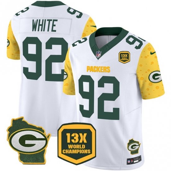 Men Green Bay Packers 92 Reggie White Cheese White 2024 F U S E  13 Time World Champions And Home Patch Vapor Untouchable Limited Stitched Football Jersey