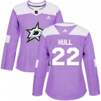 Womens Adidas Dallas Stars 22 Brett Hull Authentic Purple Fights Cancer Practice NHL Jersey