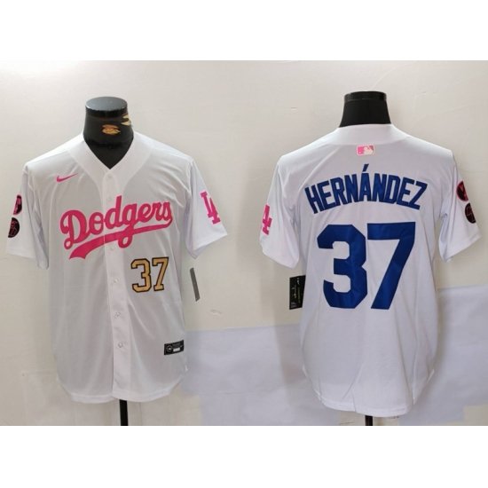 Men Los Angeles Dodgers 37 Teoscar Hernandez White Pink Vin  26 Kobe Patch Stitched Baseball Jersey