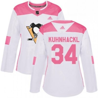 Womens Adidas Pittsburgh Penguins 34 Tom Kuhnhackl Authentic WhitePink Fashion NHL Jersey