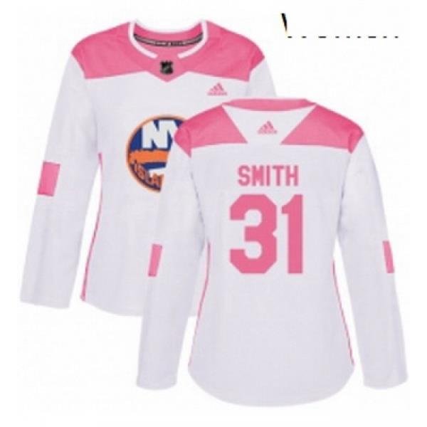 Womens Adidas New York Islanders 31 Billy Smith Authentic WhitePink Fashion NHL Jersey