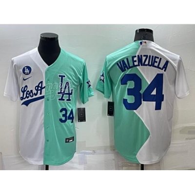 Men Los Angeles Dodgers 34 Fernando Valenzuela 2022 All Star White Green Cool Base Stitched Baseball Jersey