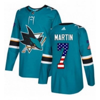 Mens Adidas San Jose Sharks 7 Paul Martin Authentic Teal Green USA Flag Fashion NHL Jersey